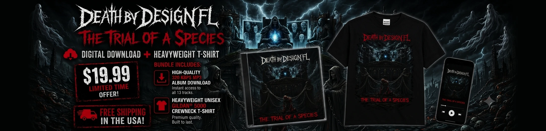 Death by Design FL — The Trial of a Species digital album and premium T-shirt bundle with free USA shipping
